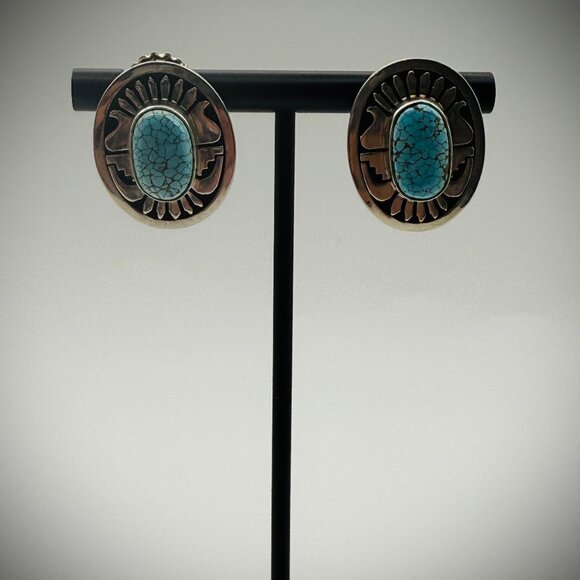 Leonard Nez Navajo #8 Turquoise Overlay Earrings, 1" (15g) – Signed - Picture 1 of 4